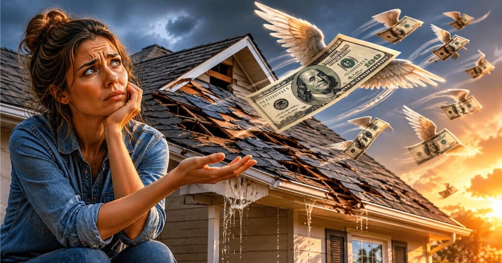Delayed roof replacement, woman sad watching money fly away with damaged roof in background
