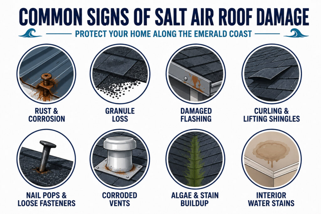 common signs of salt air roof damage infographic